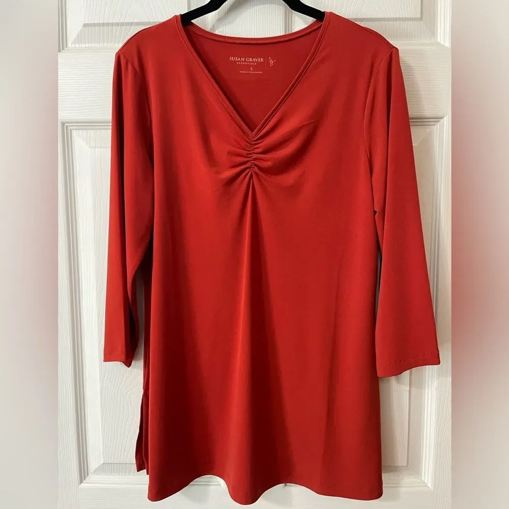 Susan Graver Essentials Womens Size Small Orange Liquid Knit Top 3/4 Sleeve EUC - Picture 1 of 7